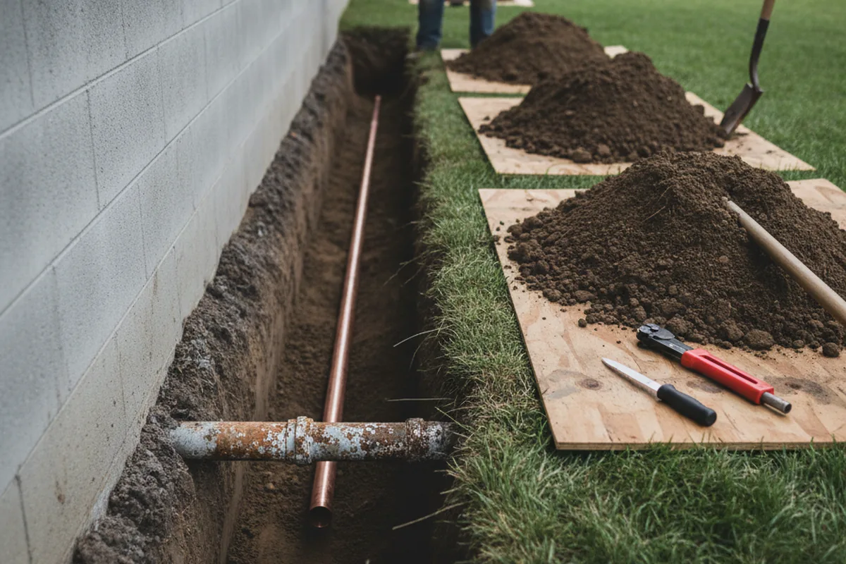 Excavated water line trench during Water Heater Repair in Erwin